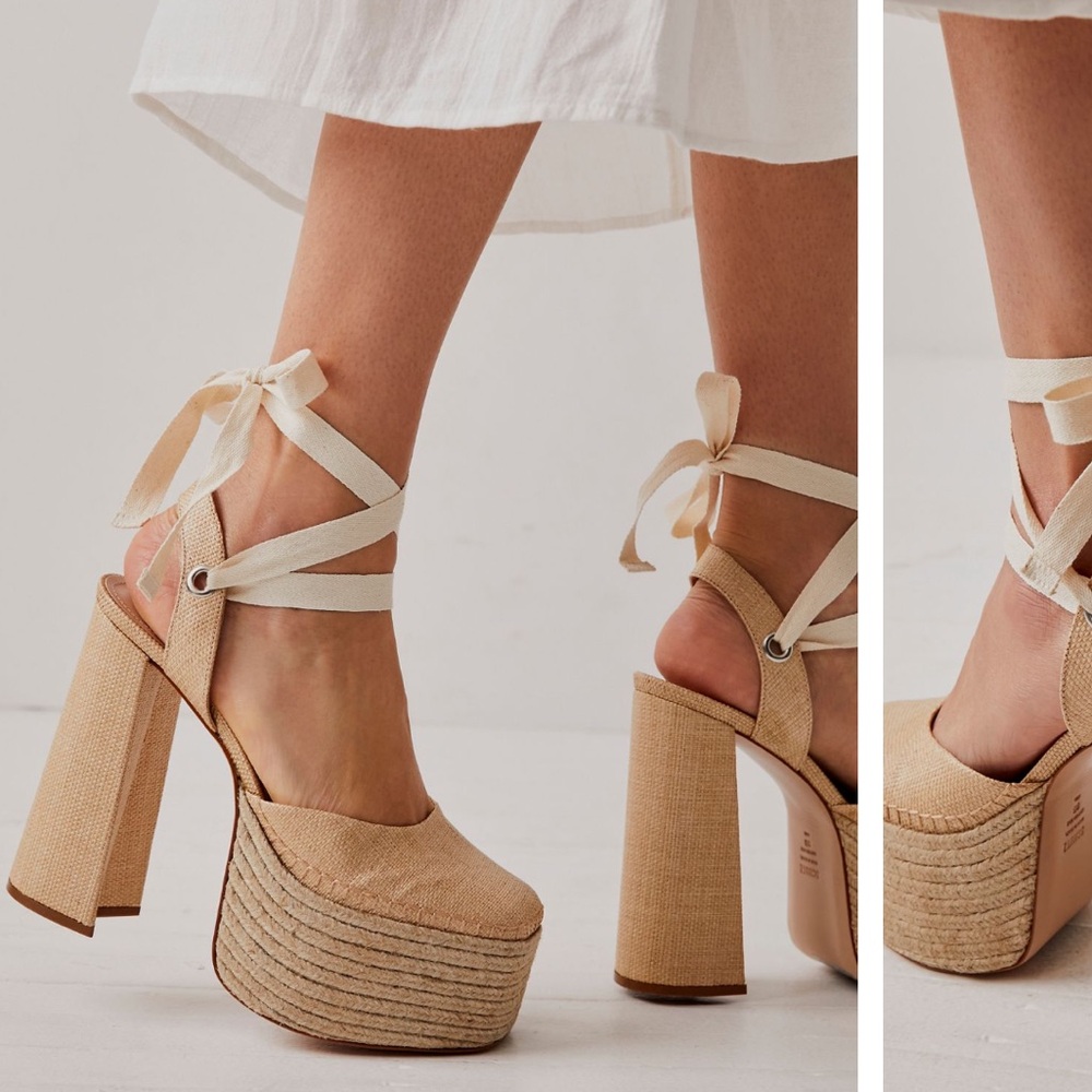Beige Lace-Up Platform Heels for Women